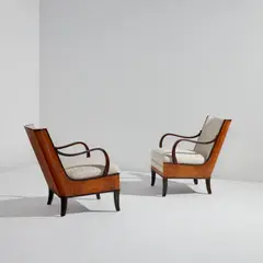 Erik Chambert, Pair of armchairs, 1930s, Flame birch-veneered wood, stained birch, fabric upholstery
