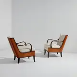 Erik Chambert, Pair of armchairs, 1930s, Flame birch-veneered wood, stained birch, fabric upholstery