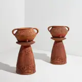 Archibald Knox, Pair of jardinières on stands, circa 1905, Terracotta