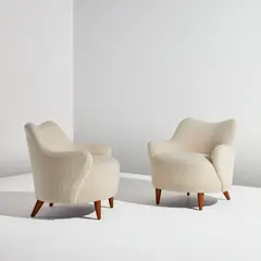 Vladimir Kagan, Pair of "Barrel" chairs, circa 1947, Walnut, wool upholstery