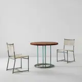 Walter Lamb, Pair of side chairs and side table, circa 1953, Patinated bronze, wood, cord