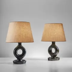 Pair of table lamps by Georges Jouve, circa 1950, Glazed stoneware, fabric shades, sold Dec 2023