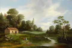 Fredrick A. Butman, Cows in a meadow with a mountain lake beyond, 1859; Cabin near a meandering stream, 1858 (a pair), first signed and dated 'Butman / 1859' (lower left); second signed