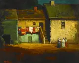 Will Sparks, Figures outside houses with blankets over a railing, oil on board