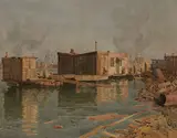 Gunnar Widforss, Houseboat with busy port beyond