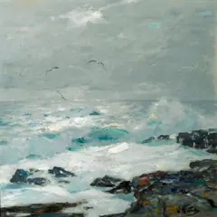 Surf breaking on the rocks with sea gulls above by William Frederic Ritschel, oil on panel, sold Nov 2011