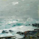 William Frederic Ritschel, Surf breaking on the rocks with sea gulls above