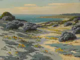 John Marshall Gamble, Bush lupine and poppies, sand dunes, Monterey, oil on canvas