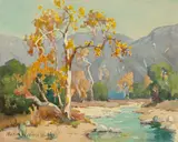 Marion Wachtel, Stream by a tree with San Gabriel mountains beyond