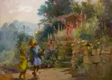 Adam Emory Albright, Wall flowers (Girls and Hollyhocks), oil on canvas