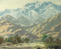 Desert floor with snow dusted peaks beyond by Sam Hyde Harris, oil on canvas, sold Nov 2011