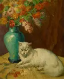 Mischa Askenazy, White cat by a vase of flowers, oil on canvas affixed to board