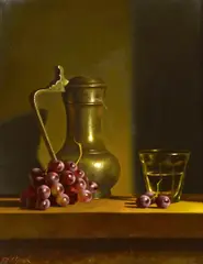 Loran Speck, Still life with grapes and pewter jug, mixed media on paper affixed to board