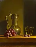 Loran Speck, Still life with grapes and pewter jug, mixed media on paper affixed to board