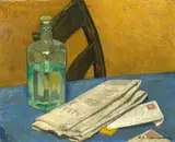 Henry Ernest Schnakenberg, Still life with bottle and newspaper on a table, oil on canvas