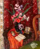 Mabel Alvarez, Tabletop still life with flowers and a photograph, oil on canvas