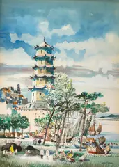 Dong Kingman, Along the China coast, watercolor on paper
