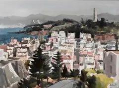 Jade Fon, View of Coit Tower and the Bay Bridge, San Francisco, watercolor on paper