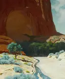 River at the base of a towering mesa by Jimmy Swinnerton, oil on canvas affixed to board, offered Nov 2011