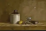 William Acheff, Still life with grapes, a lemon, a ceramic jug and a book