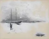 Julian Rix, Schooner in ice with a city in the distance