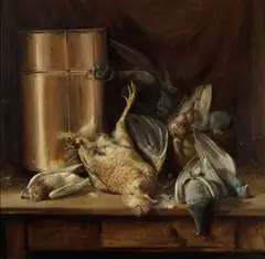 Still life with game birds and a copper pot by William Hubacek, 1895, oil on canvas, sold Aug 2011