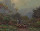 Granville Redmond, Misty morning, shepherd with flock