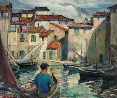 Fisherman's cove, Martigues, France by Myron Angelo Oliver, oil on canvas, sold Aug 2011
