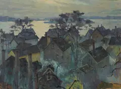 Rooftops and bay, Boston by Myron Angelo Oliver, oil on canvas affixed to board, offered Aug 2011