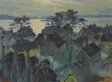 Myron Angelo Oliver, Rooftops and bay, Boston, oil on canvas affixed to board
