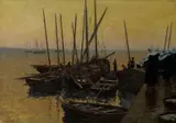 (n & a) Lionel Walden, Fishing boats along a pier at sunset, oil on canvas