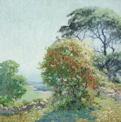 Joseph Pierre Birren, Wild cherries in a lush landscape, oil on board