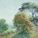 Joseph Pierre Birren, Wild cherries in a lush landscape, oil on board