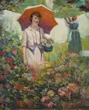 (n & a) Frank Coburn, Lady in pink with a parasol in a flower garden, 1917, oil on canvas