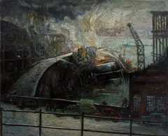 John Decker, The 'SS Normandie' on fire, New York Harbor, 1942, oil on board
