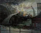 John Decker, The 'SS Normandie' on fire, New York Harbor, 1942, oil on board