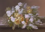 Raoul M. de Longpre, Pink roses and white lilacs; Yellow and pink roses and white lilacs (two)