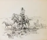 Indian on horseback traveling with a squaw and pack horses by (n & a) Charles Marion Russell, pen and ink on paper, sold Aug 2011