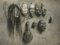 De Cost Smith, Iroquois medicine masks and turtle shell rattle; Medicine dance at fire chief's (a pair), first signed 'De Cost Smith' with artist's device (lower right); second signed 'De Cost Smith' (lower left)