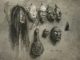 De Cost Smith, Iroquois medicine masks and turtle shell rattle; Medicine dance at fire chief's (a pair), first signed 'De Cost Smith' with artist's device (lower right); second signed 'De Cost Smith' (lower left)