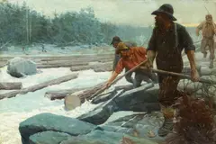E. Roscoe Shrader, The Spring drive, following the logs down the river, oil on canvas