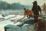 E. Roscoe Shrader, The Spring drive, following the logs down the river, oil on canvas