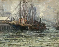 Frederick Usher Devoll, Shipping under the Brooklyn Bridge, oil on canvas