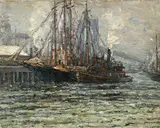 Frederick Usher Devoll, Shipping under the Brooklyn Bridge, oil on canvas