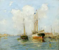 Sailing ships in a harbor by Guy C. Wiggins, oil on canvas, sold May 2011