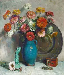 George Loftus Noyes, Zinnias, oil on  canvas