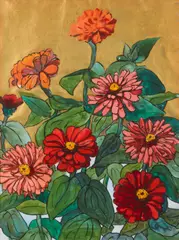 Dalias by Jane Peterson, gouache, ink and gold paint on paper, offered May 2011