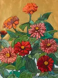 Jane Peterson, Dalias, gouache, ink and gold paint on paper