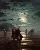 Edward Moran, Fisherfolk at dawn, 1878, oil on canvas