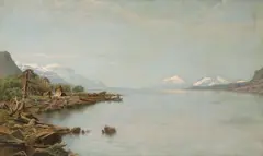 Olaf Jonas Grafstrom, Indian camp with figures in a boat on a lakeshore, 1893, oil on canvas
